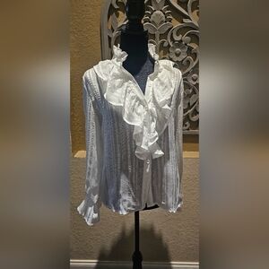 White w/ Silver stripe Vintage Cottagecore Whimsygoth Button up Ruffled Top Med.